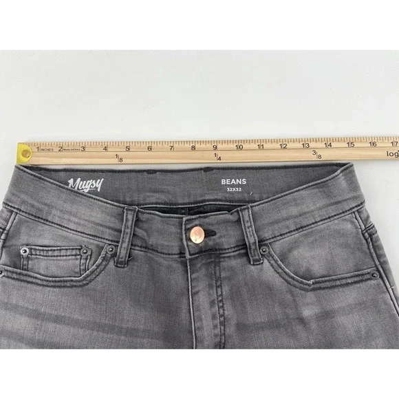 Mugsy Jeans Mens 32x32 Gray Beans Stretch Distress Whiskering Denim Grunge Biker - Picture 5 of 12